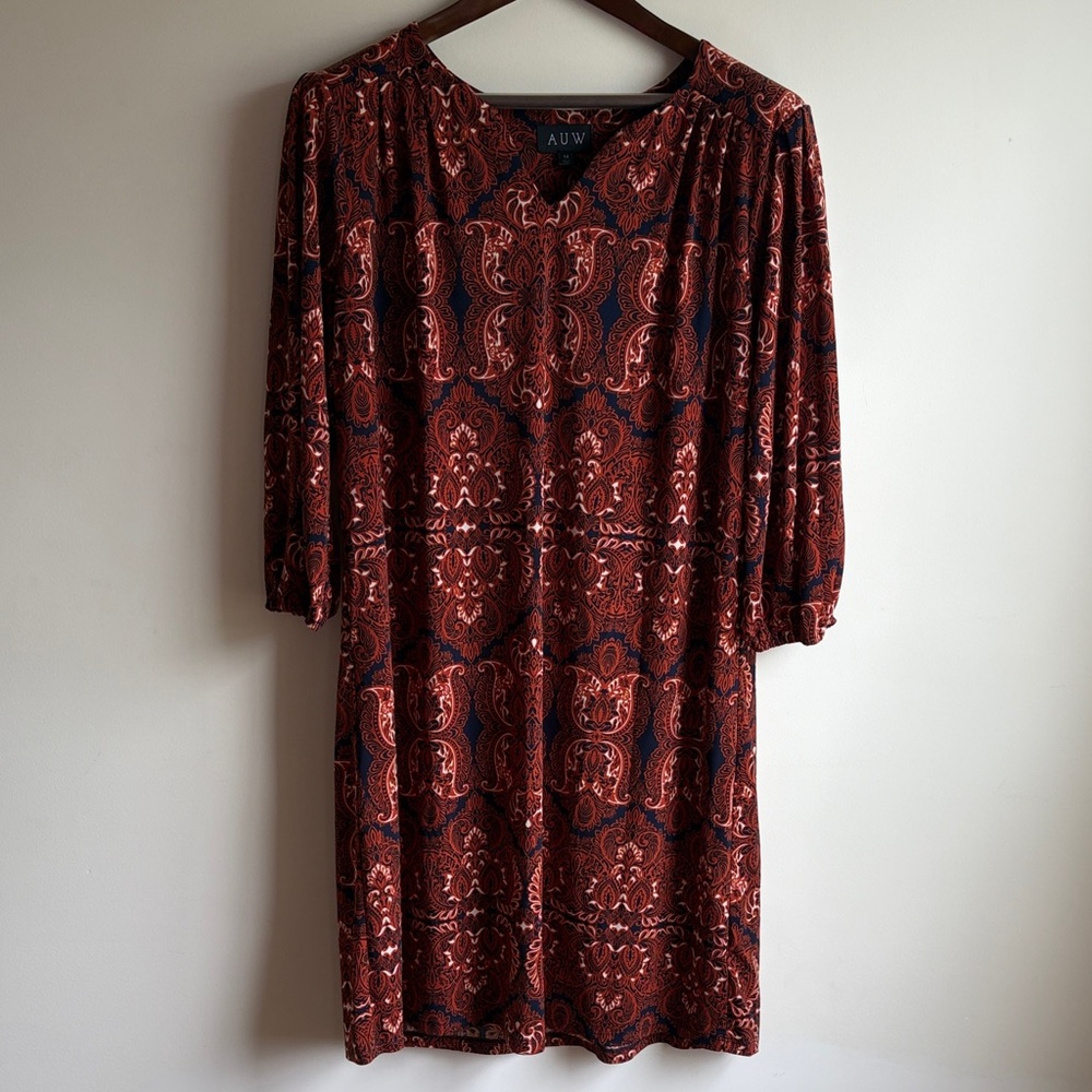 AUW Rust and Navy Paisley Long Sleeve Sheath Dress